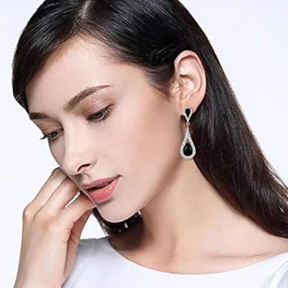 Silver with Black Onyx and White Diamond Austrian Crystal Dual Teardrop Earrings - Picture 3 of 4